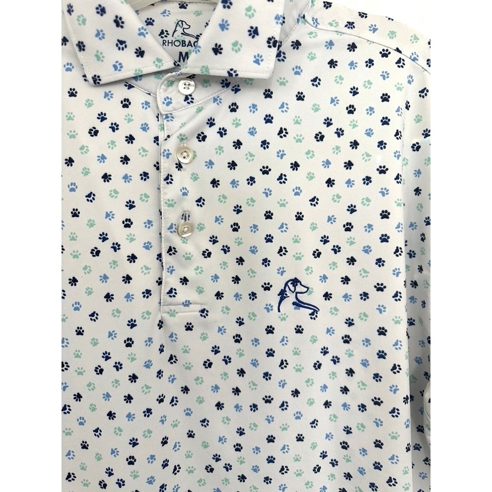 Rhoback Golf Pup Polo Shirt White Blue Mens M Best Friend Paw Print Performance